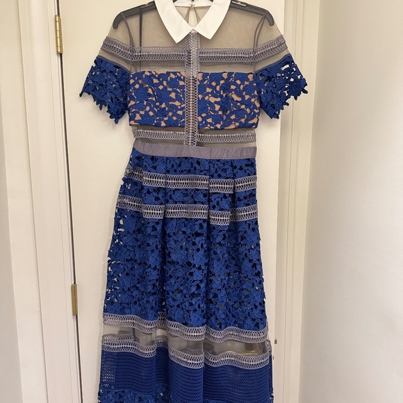 Self-Portrait Blue Lace midi dress with white collar - Picture 2 of 2
